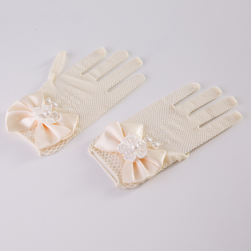 SZ60072-2 Flower Girls Lace Bowknot Net Voile Wedding Gloves Princess Glove